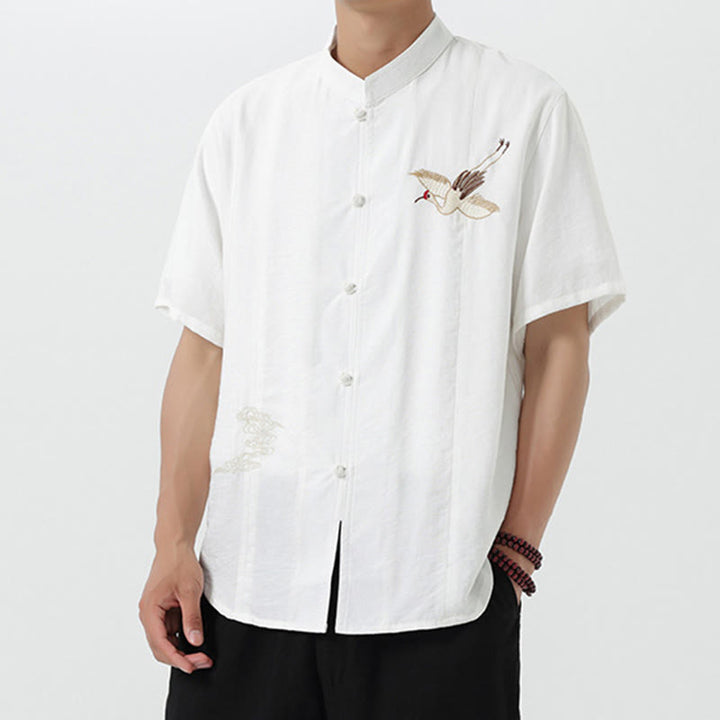 Buddha Stones Embroidery Buttons Half Sleeve Design Stand Collar Men's Cotton Shirt - image 12