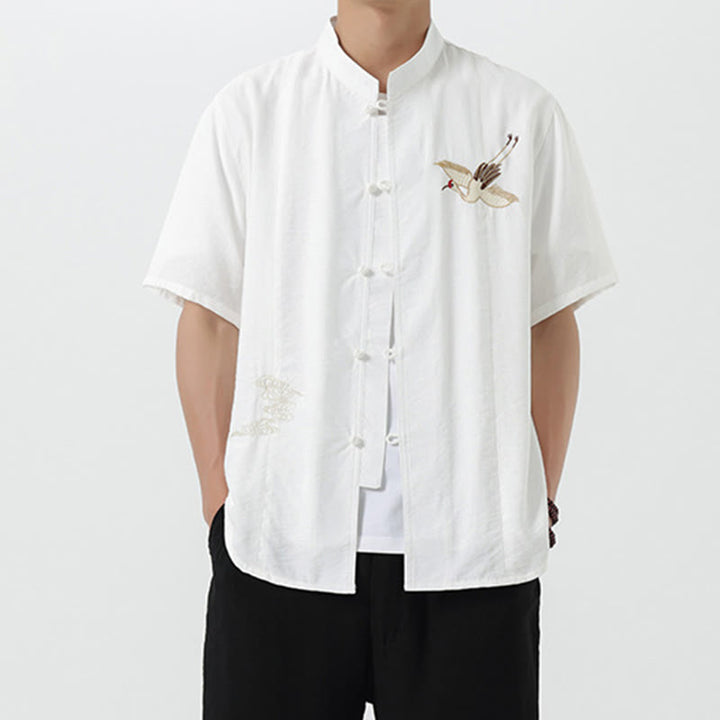 Buddha Stones Embroidery Buttons Half Sleeve Design Stand Collar Men's Cotton Shirt - image 10