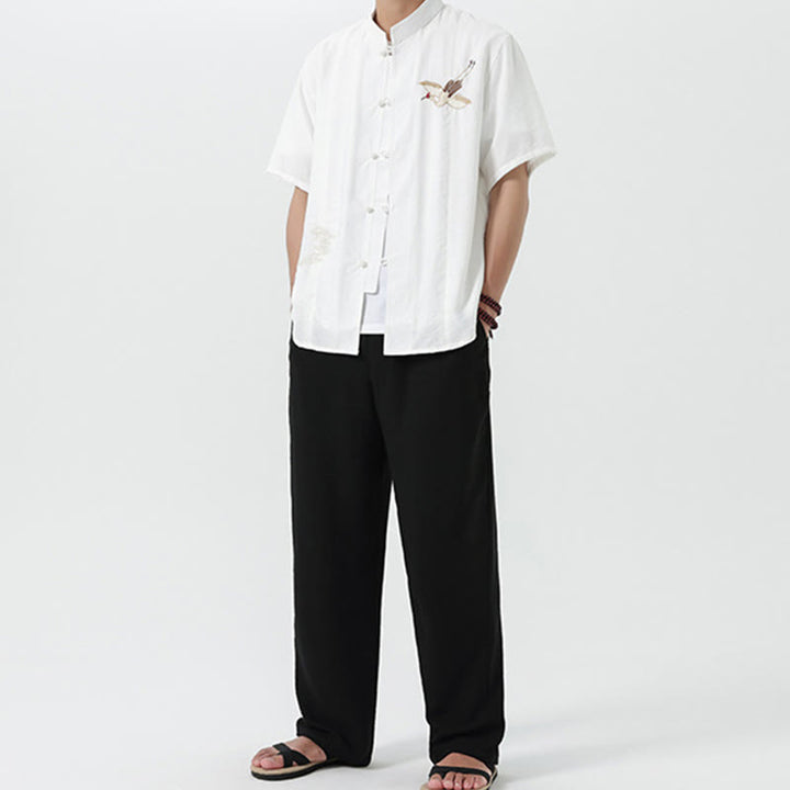 Buddha Stones Embroidery Buttons Half Sleeve Design Stand Collar Men's Cotton Shirt - image 19