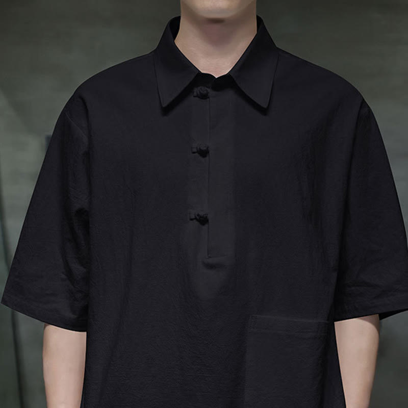 Buddha Stones Commute Plain Half Buttons Design Men's Cotton Linen Half Sleeve Shirt With Pocket - image 15