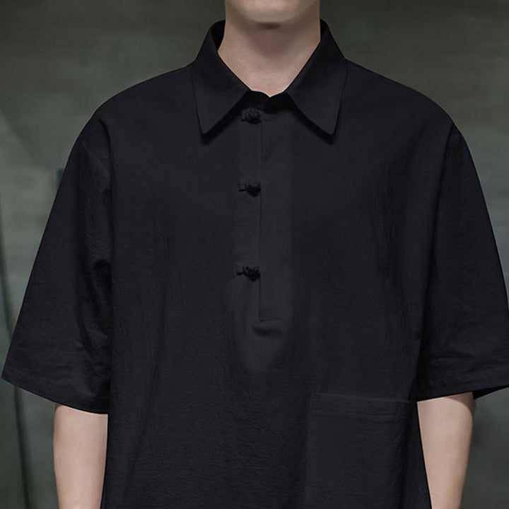 Buddha Stones Commute Plain Half Buttons Design Men's Cotton Linen Half Sleeve Shirt With Pocket - image 15