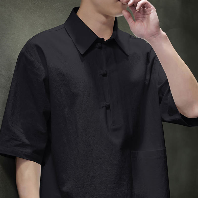 Buddha Stones Commute Plain Half Buttons Design Men's Cotton Linen Half Sleeve Shirt With Pocket - image 16