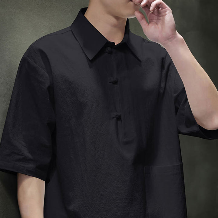 Buddha Stones Commute Plain Half Buttons Design Men's Cotton Linen Half Sleeve Shirt With Pocket - image 16