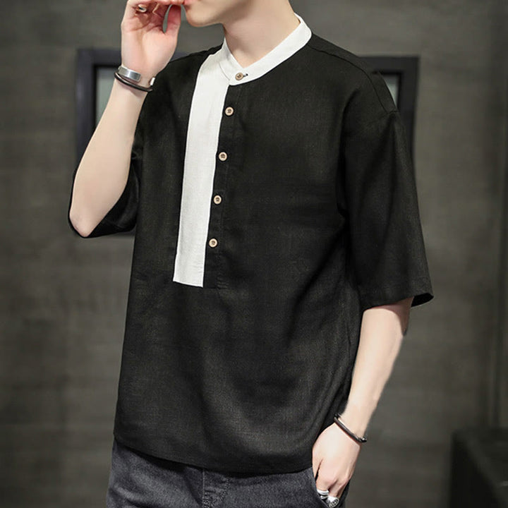 Buddha Stones Summer Half Buttons Color Matching Design Half Sleeve Men's Cotton Linen Shirt - image 11