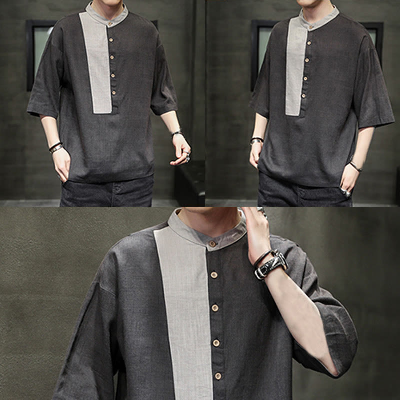Buddha Stones Summer Half Buttons Color Matching Design Half Sleeve Men's Cotton Linen Shirt - image 8