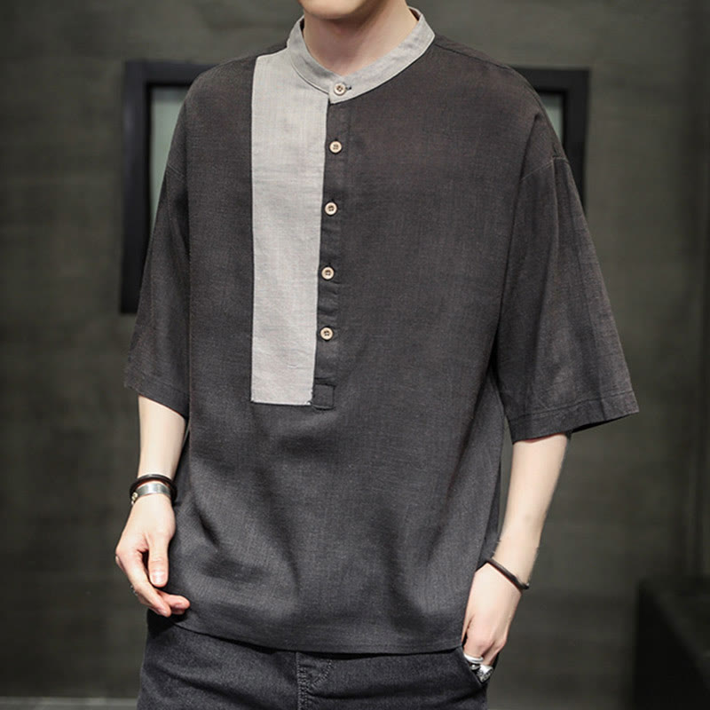 Buddha Stones Summer Half Buttons Color Matching Design Half Sleeve Men's Cotton Linen Shirt - image 2