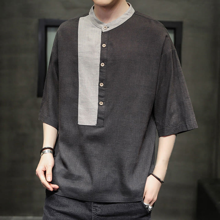 Buddha Stones Summer Half Buttons Color Matching Design Half Sleeve Men's Cotton Linen Shirt - image 2