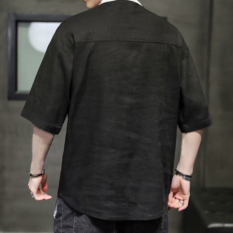 Buddha Stones Summer Half Buttons Color Matching Design Half Sleeve Men's Cotton Linen Shirt - image 13