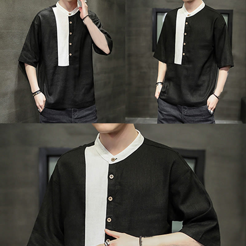 Buddha Stones Summer Half Buttons Color Matching Design Half Sleeve Men's Cotton Linen Shirt - image 15