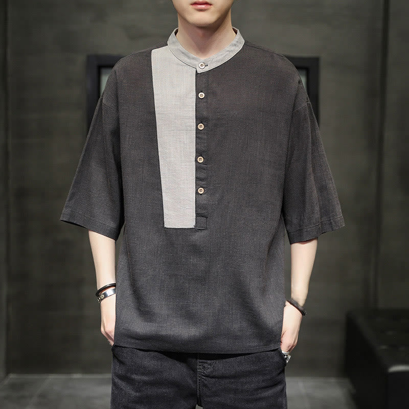 Buddha Stones Summer Half Buttons Color Matching Design Half Sleeve Men's Cotton Linen Shirt - image 4