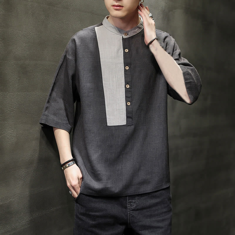 Buddha Stones Summer Half Buttons Color Matching Design Half Sleeve Men's Cotton Linen Shirt - image 5