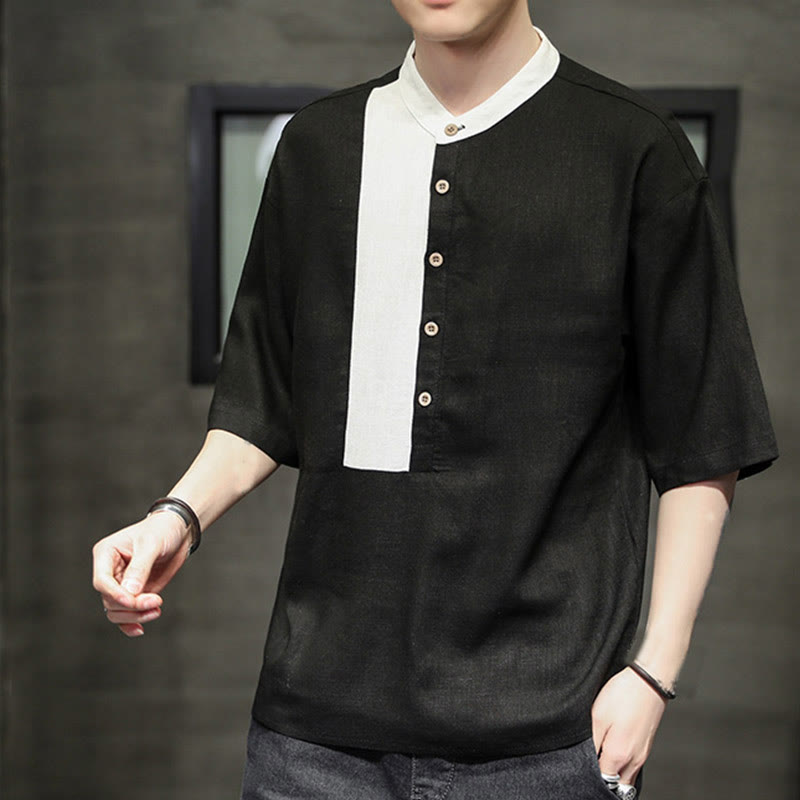 Buddha Stones Summer Half Buttons Color Matching Design Half Sleeve Men's Cotton Linen Shirt - image 12