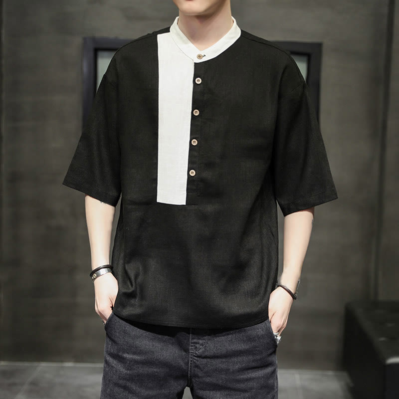 Buddha Stones Summer Half Buttons Color Matching Design Half Sleeve Men's Cotton Linen Shirt - Black - US/UK/AU46，EU56 (5XL) - image 10