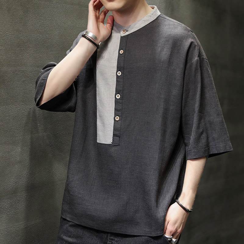 Buddha Stones Summer Half Buttons Color Matching Design Half Sleeve Men's Cotton Linen Shirt - image 1