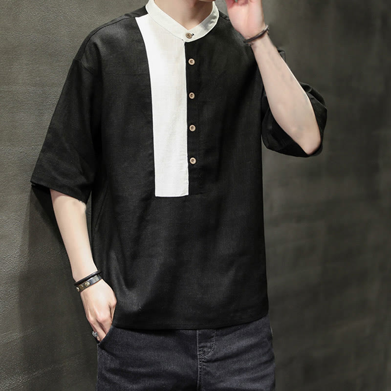Buddha Stones Summer Half Buttons Color Matching Design Half Sleeve Men's Cotton Linen Shirt - image 14