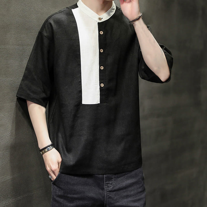 Buddha Stones Summer Half Buttons Color Matching Design Half Sleeve Men's Cotton Linen Shirt - image 14
