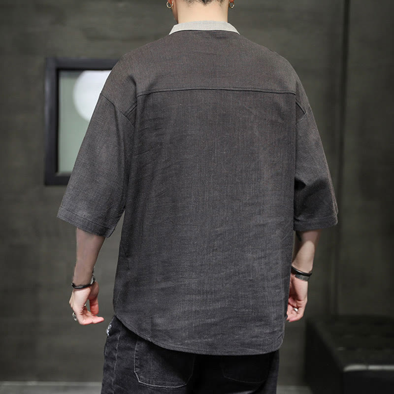 Buddha Stones Summer Half Buttons Color Matching Design Half Sleeve Men's Cotton Linen Shirt - image 7
