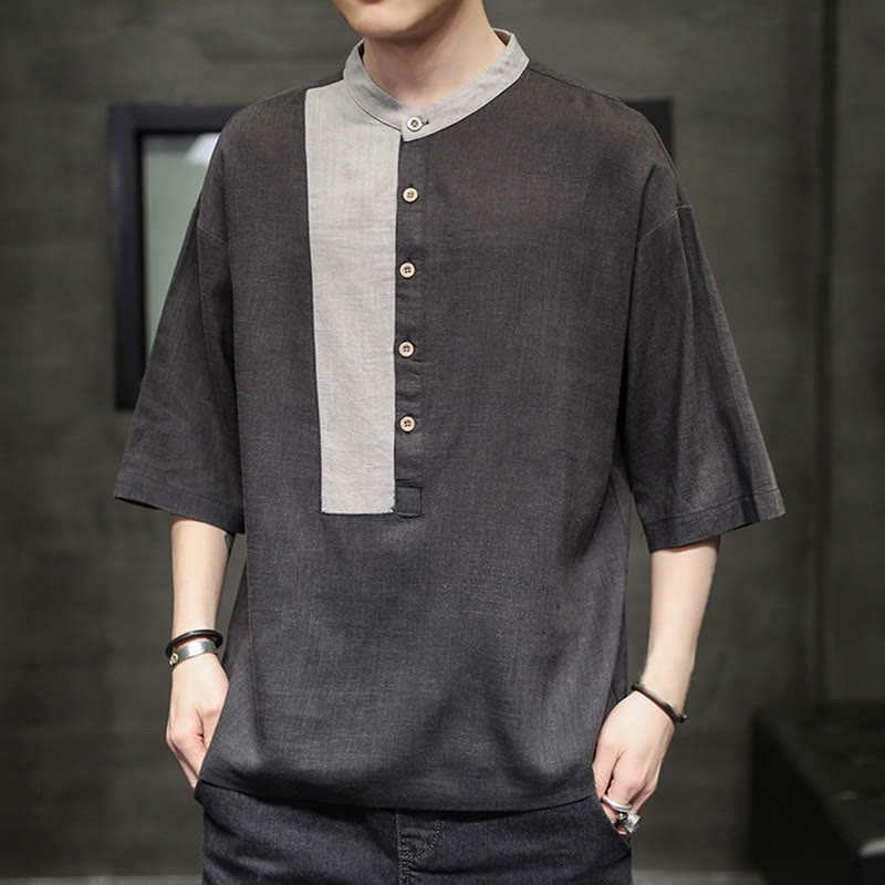 Buddha Stones Summer Half Buttons Color Matching Design Half Sleeve Men's Cotton Linen Shirt - SlateGray - US/UK/AU46，EU56 (5XL) - image 0