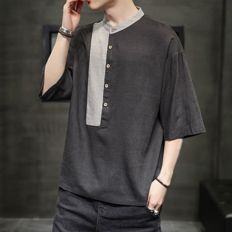 Buddha Stones Summer Half Buttons Color Matching Design Half Sleeve Men's Cotton Linen Shirt - image 3