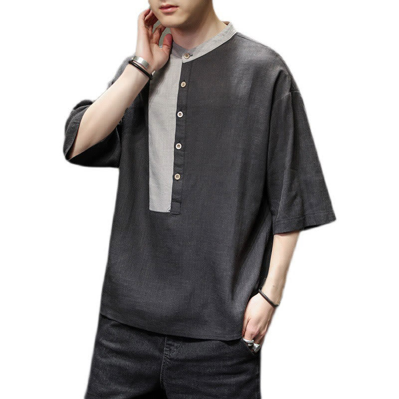 Buddha Stones Summer Half Buttons Color Matching Design Half Sleeve Men's Cotton Linen Shirt - image 9