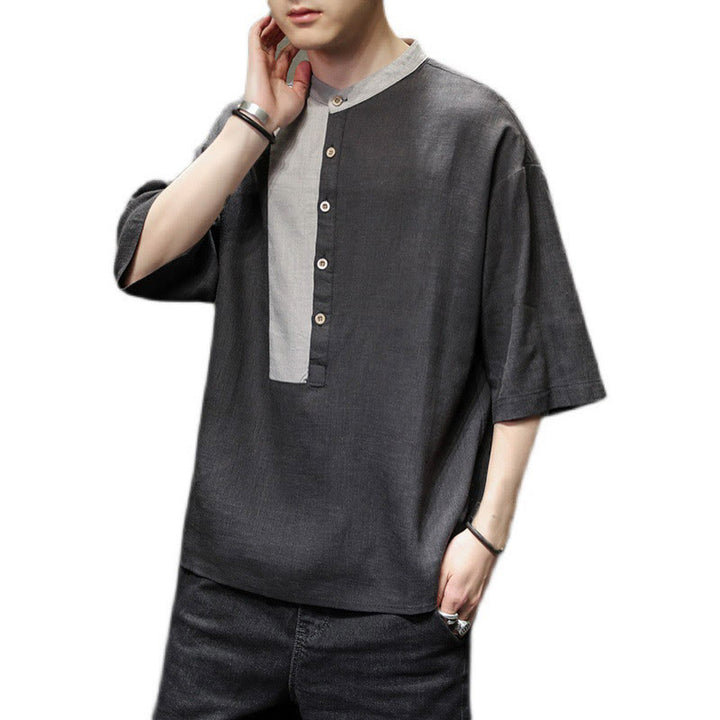 Buddha Stones Summer Half Buttons Color Matching Design Half Sleeve Men's Cotton Linen Shirt - image 9