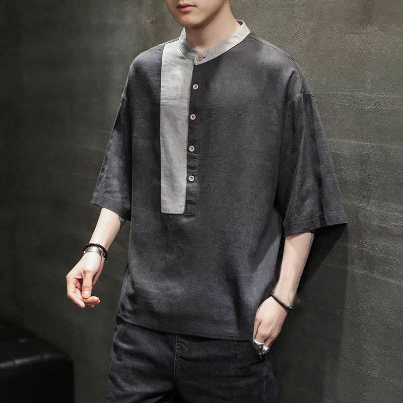 Buddha Stones Summer Half Buttons Color Matching Design Half Sleeve Men's Cotton Linen Shirt - image 6