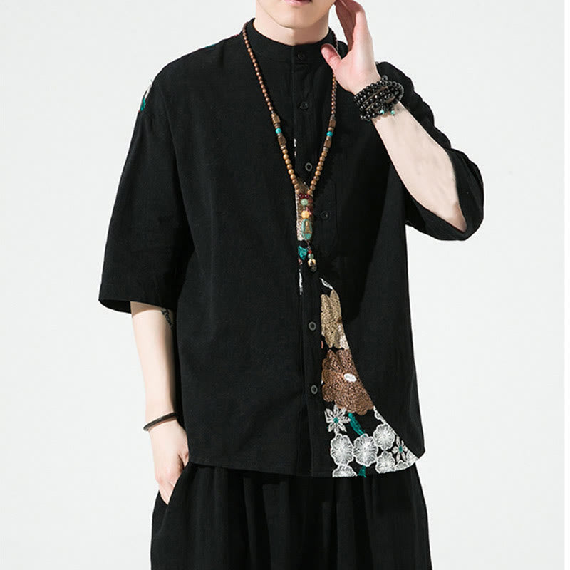 Buddha Stones Embroidery Patchwork Simple Design Three Quarter Sleeve Men's Cotton Linen Shirt - image 4