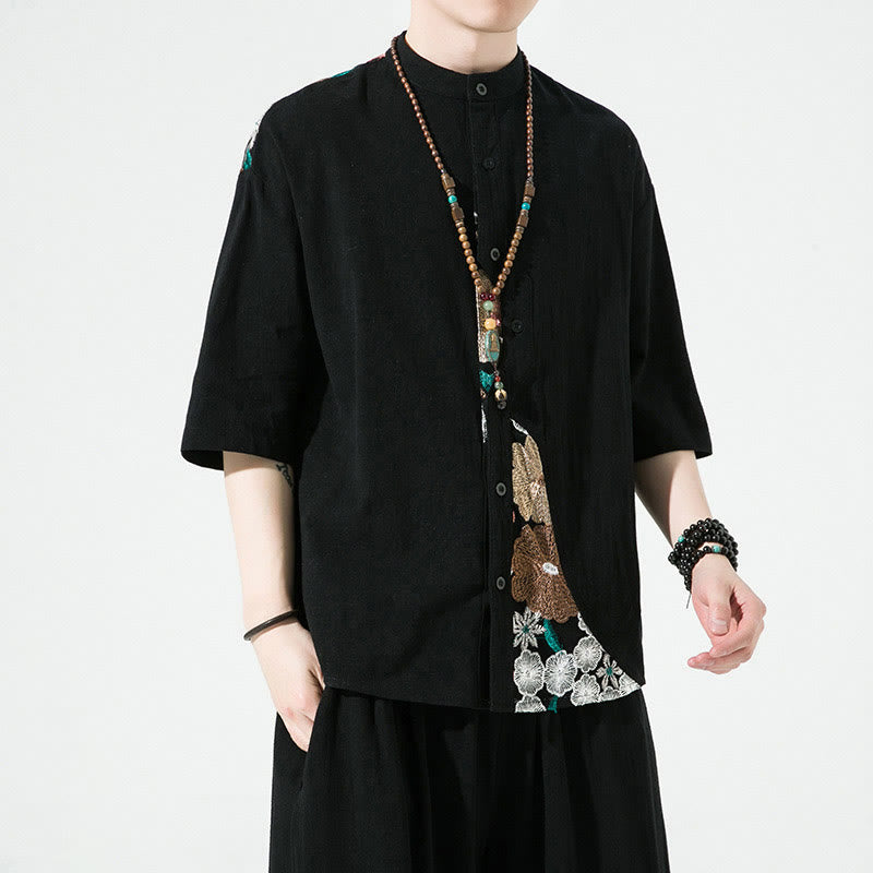 Buddha Stones Embroidery Patchwork Simple Design Three Quarter Sleeve Men's Cotton Linen Shirt - image 5