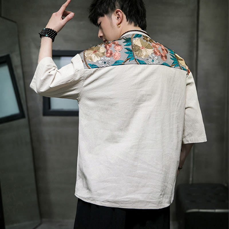 Buddha Stones Embroidery Patchwork Simple Design Three Quarter Sleeve Men's Cotton Linen Shirt - image 18