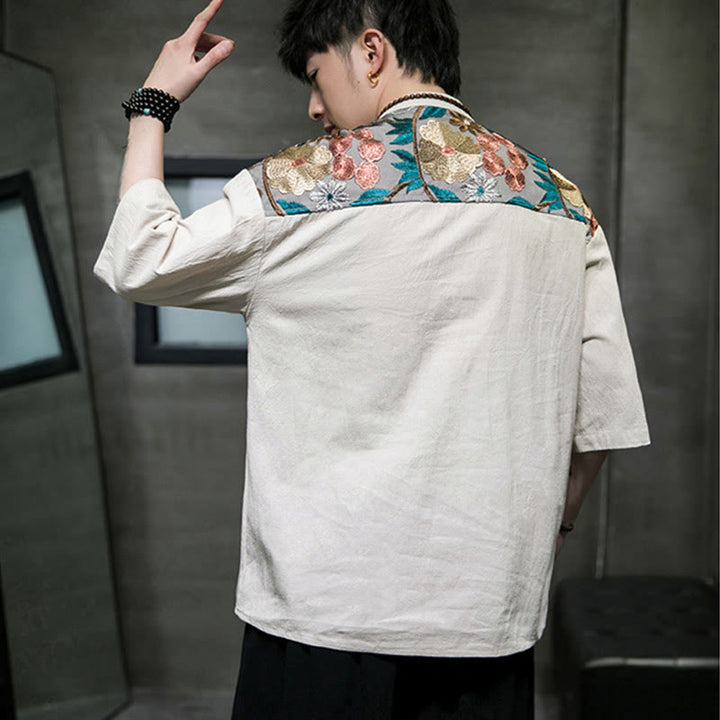 Buddha Stones Embroidery Patchwork Simple Design Three Quarter Sleeve Men's Cotton Linen Shirt - image 18