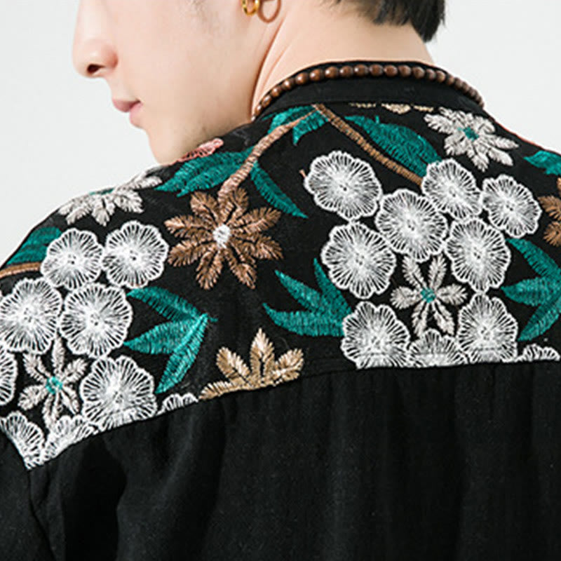 Buddha Stones Embroidery Patchwork Simple Design Three Quarter Sleeve Men's Cotton Linen Shirt - image 10