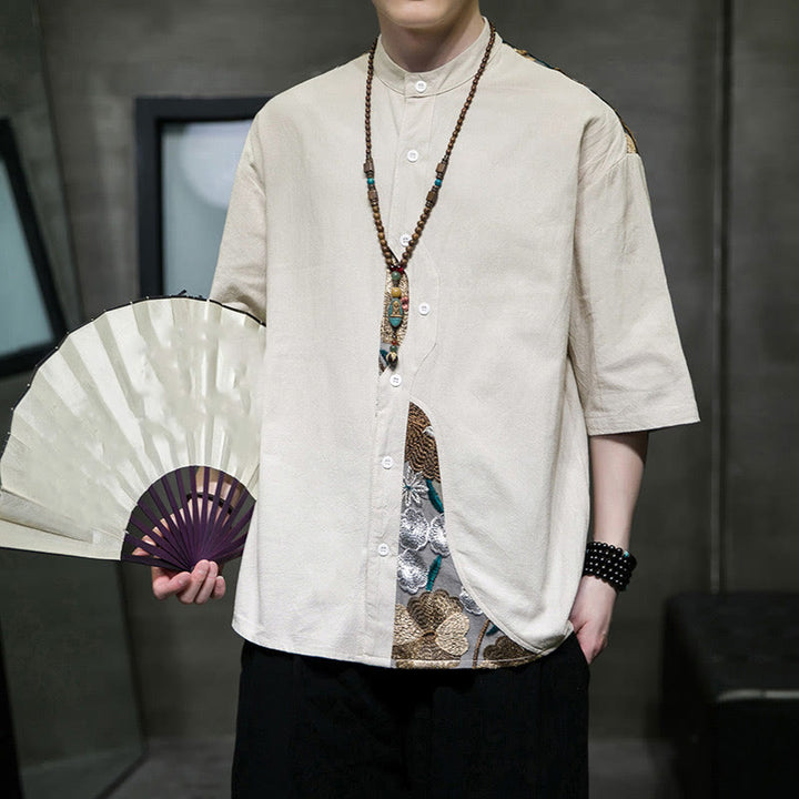 Buddha Stones Embroidery Patchwork Simple Design Three Quarter Sleeve Men's Cotton Linen Shirt - image 17