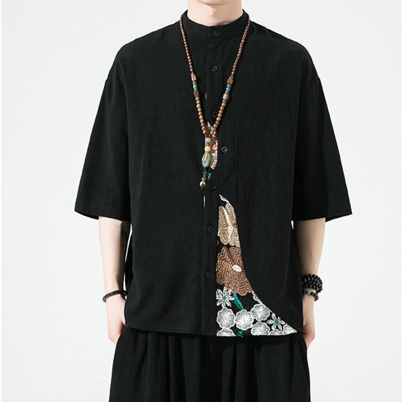 Buddha Stones Embroidery Patchwork Simple Design Three Quarter Sleeve Men's Cotton Linen Shirt - Black - US/UK/AU46，EU56 (5XL) - image 0