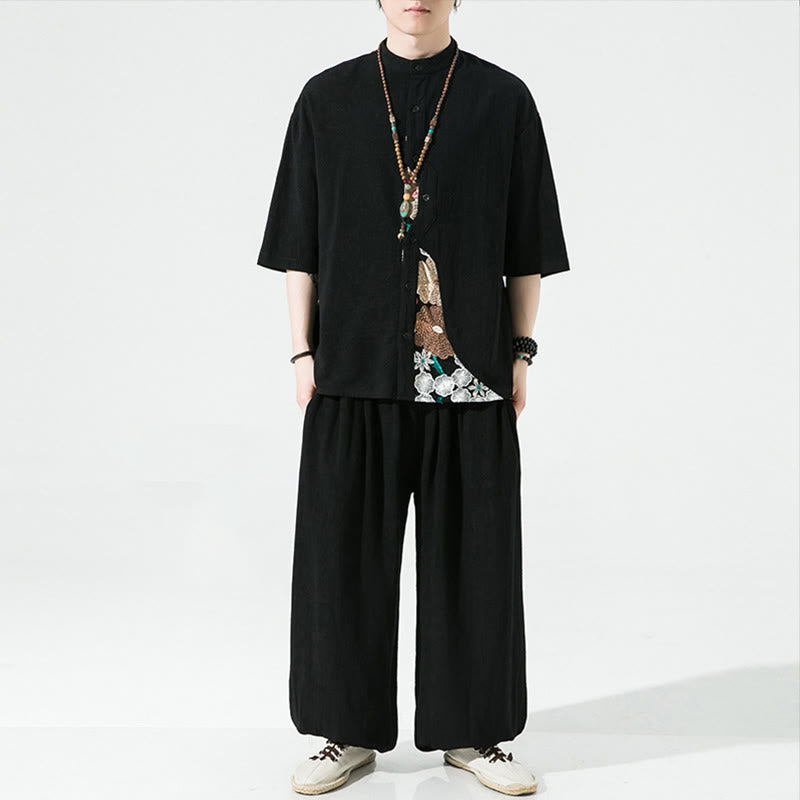 Buddha Stones Embroidery Patchwork Simple Design Three Quarter Sleeve Men's Cotton Linen Shirt - image 8