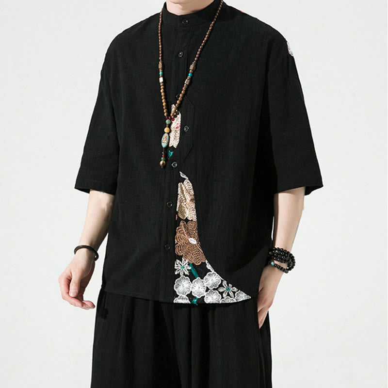 Buddha Stones Embroidery Patchwork Simple Design Three Quarter Sleeve Men's Cotton Linen Shirt - image 1