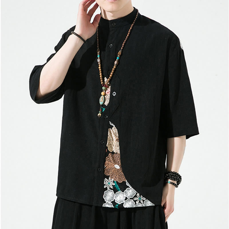 Buddha Stones Embroidery Patchwork Simple Design Three Quarter Sleeve Men's Cotton Linen Shirt - image 3