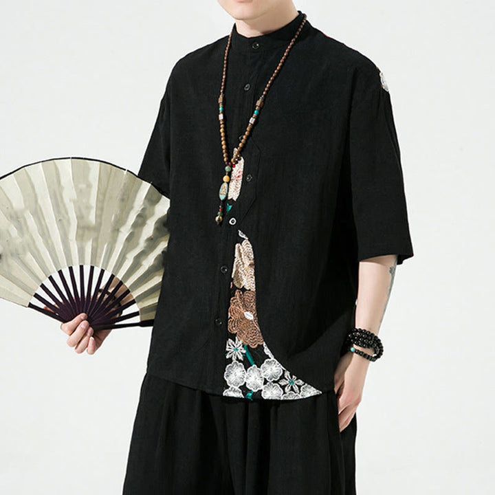 Buddha Stones Embroidery Patchwork Simple Design Three Quarter Sleeve Men's Cotton Linen Shirt - image 6