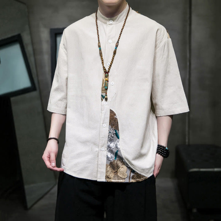 Buddha Stones Embroidery Patchwork Simple Design Three Quarter Sleeve Men's Cotton Linen Shirt - Beige - US/UK/AU46，EU56 (5XL) - image 12