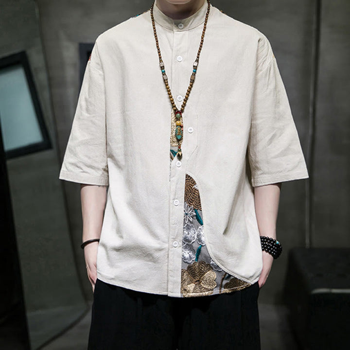 Buddha Stones Embroidery Patchwork Simple Design Three Quarter Sleeve Men's Cotton Linen Shirt - image 14