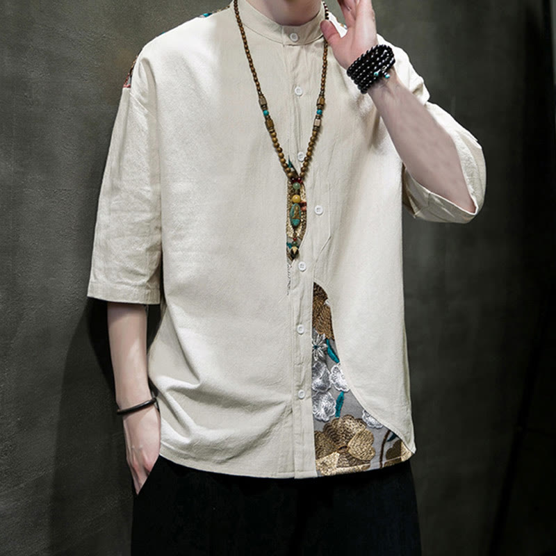 Buddha Stones Embroidery Patchwork Simple Design Three Quarter Sleeve Men's Cotton Linen Shirt - image 15