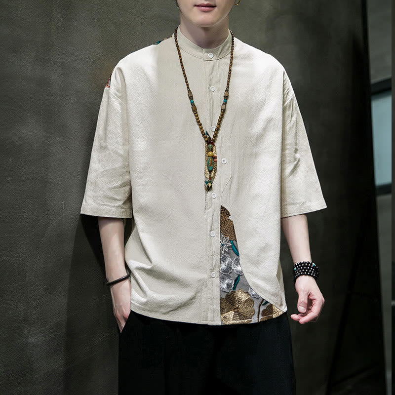 Buddha Stones Embroidery Patchwork Simple Design Three Quarter Sleeve Men's Cotton Linen Shirt - image 16