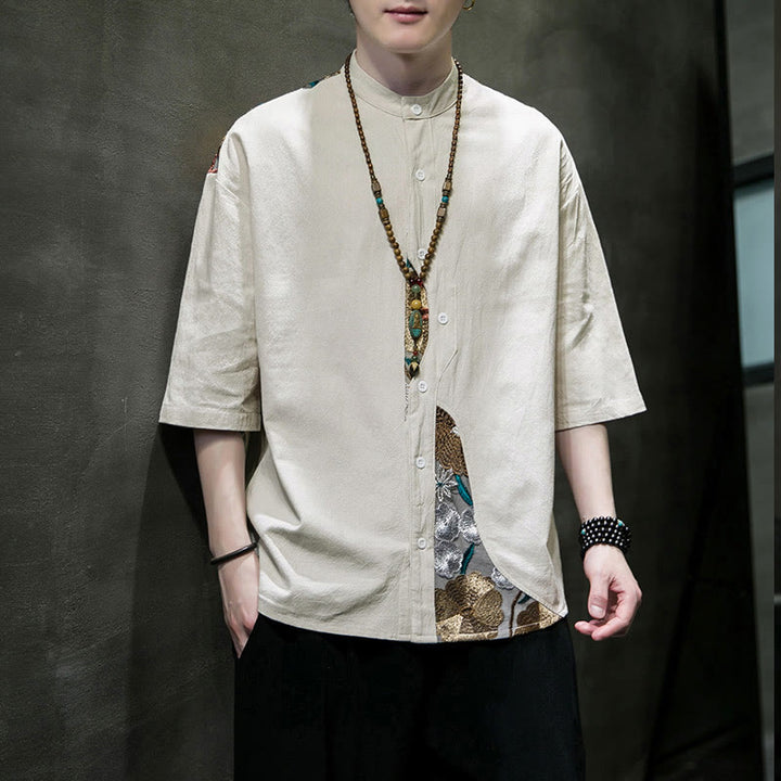 Buddha Stones Embroidery Patchwork Simple Design Three Quarter Sleeve Men's Cotton Linen Shirt - image 16