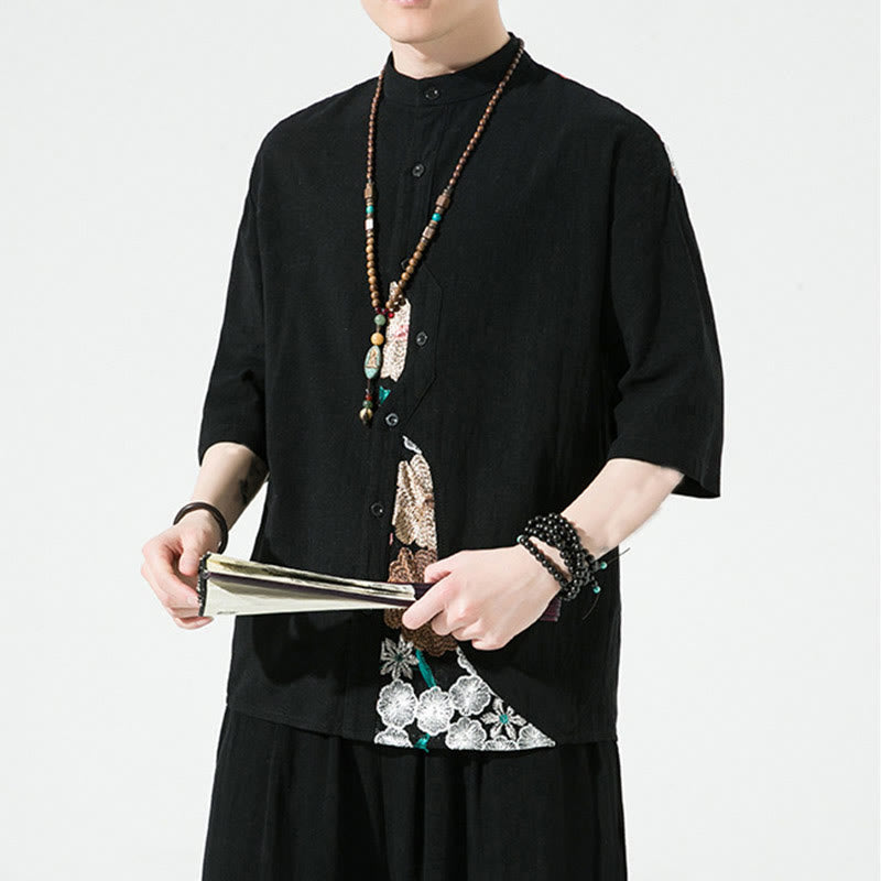 Buddha Stones Embroidery Patchwork Simple Design Three Quarter Sleeve Men's Cotton Linen Shirt - image 2