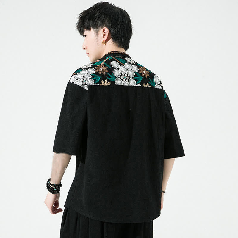 Buddha Stones Embroidery Patchwork Simple Design Three Quarter Sleeve Men's Cotton Linen Shirt - image 7