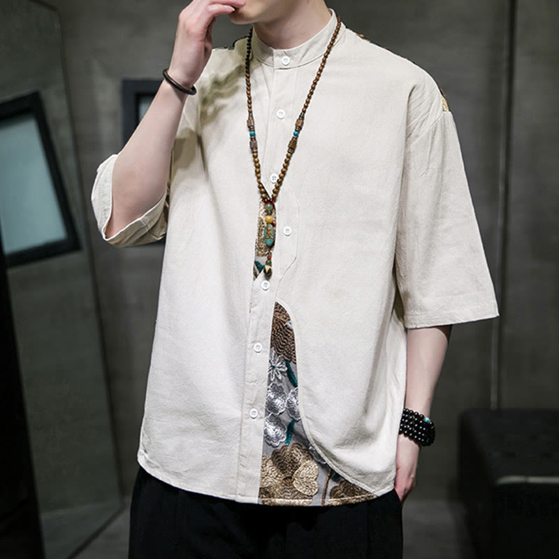 Buddha Stones Embroidery Patchwork Simple Design Three Quarter Sleeve Men's Cotton Linen Shirt - image 13