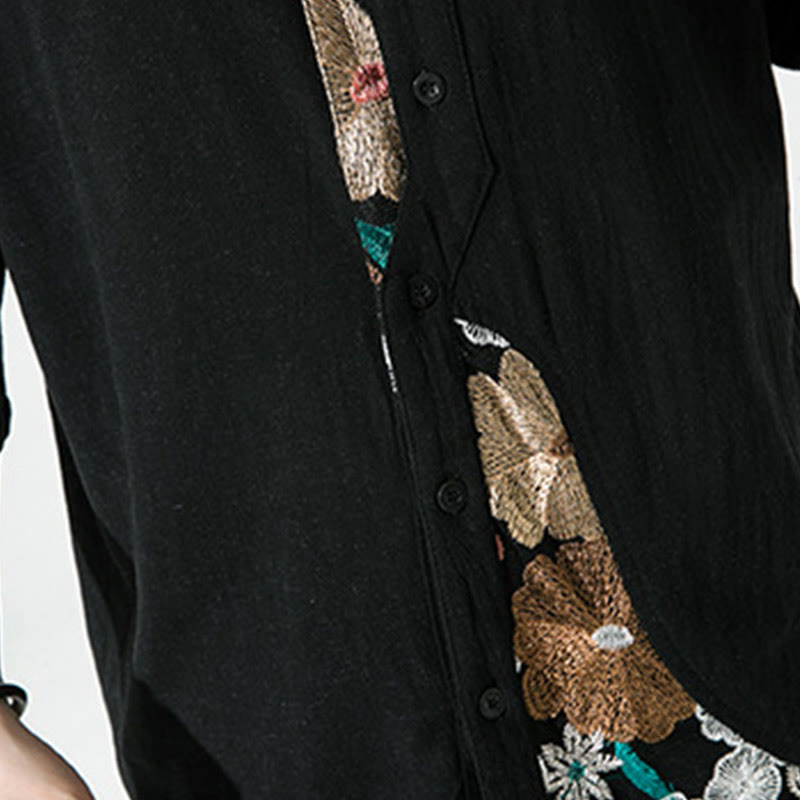 Buddha Stones Embroidery Patchwork Simple Design Three Quarter Sleeve Men's Cotton Linen Shirt - image 11
