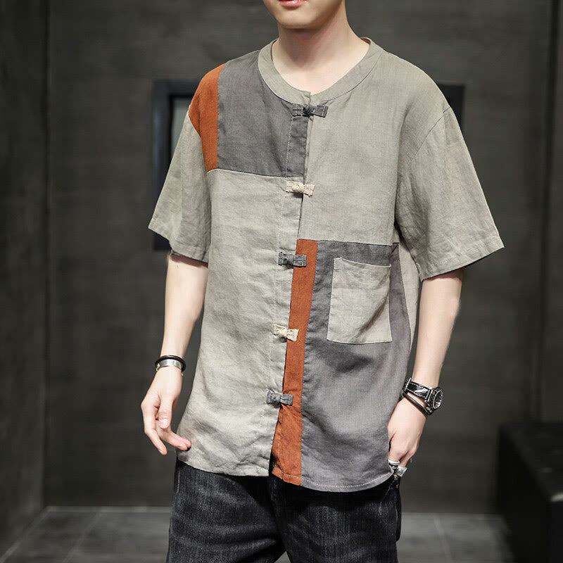 Buddha Stones Vintage Color Matching Button Half Sleeve Men's Cotton Linen Shirt With Pocket - image 1
