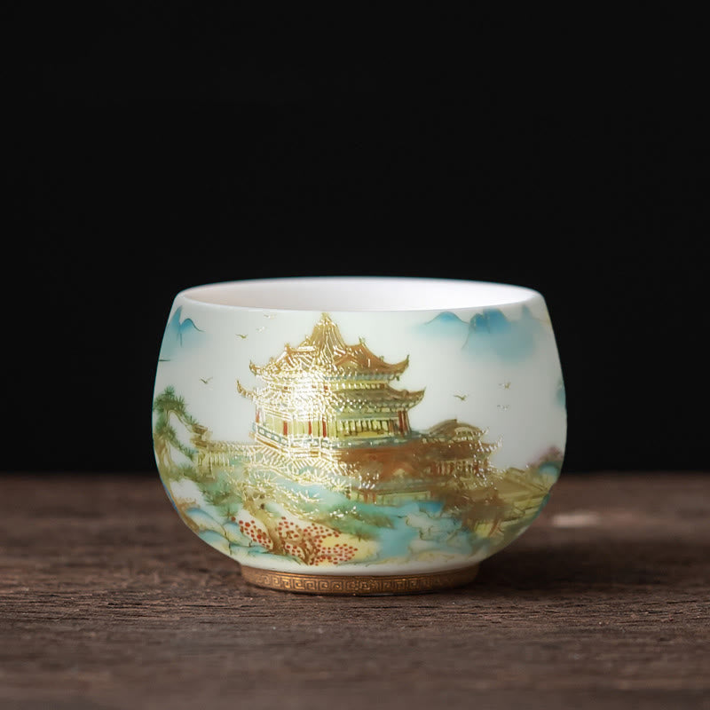 Buddha Stones Phoenix Dragon Lotus Deer Ancient Building Koi Fish Ceramic Teacup Kung Fu Tea Cups - Ancient Building 8.3cm*5.7cm*180ml - image 11