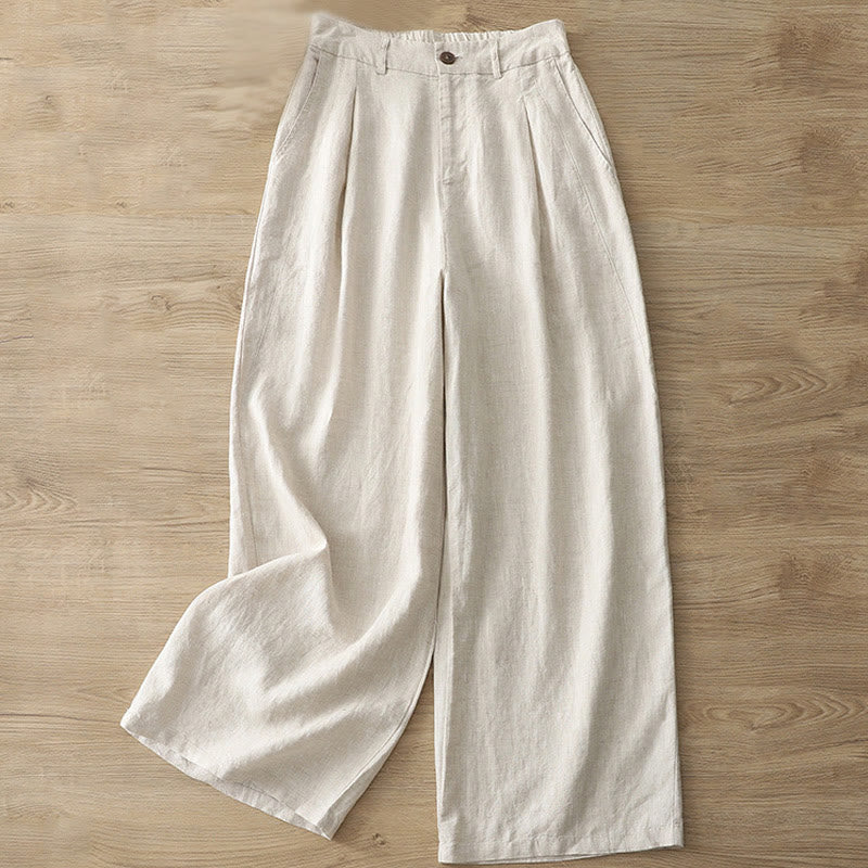 Buddha Stones Casual Retro Plain Women's Cotton Wide Leg Pants With Pockets Zipper - Linen - US8-10，UK/AU12-14，EU40-42 (2XL) - image 0