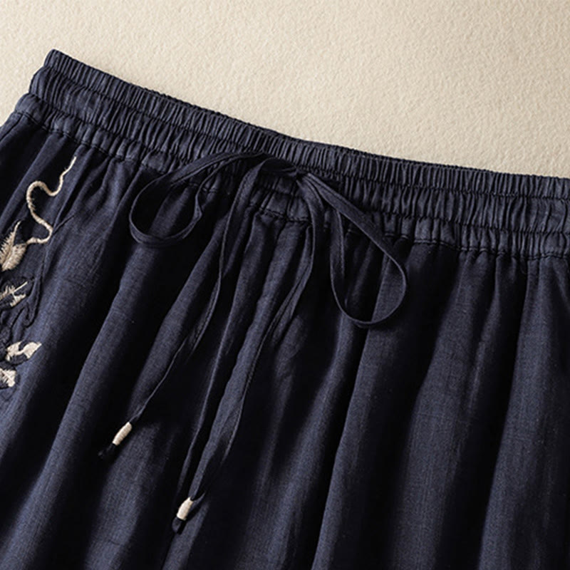 Buddha Stones Commute Embroidery Drawstring Women's Cotton Wide Leg Pants With Pockets - image 3